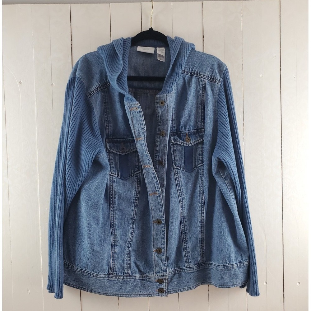 Liz Claiborne‎ Woman Plus Petite Denim Jacket Knit Sleeves Hooded Light Wash